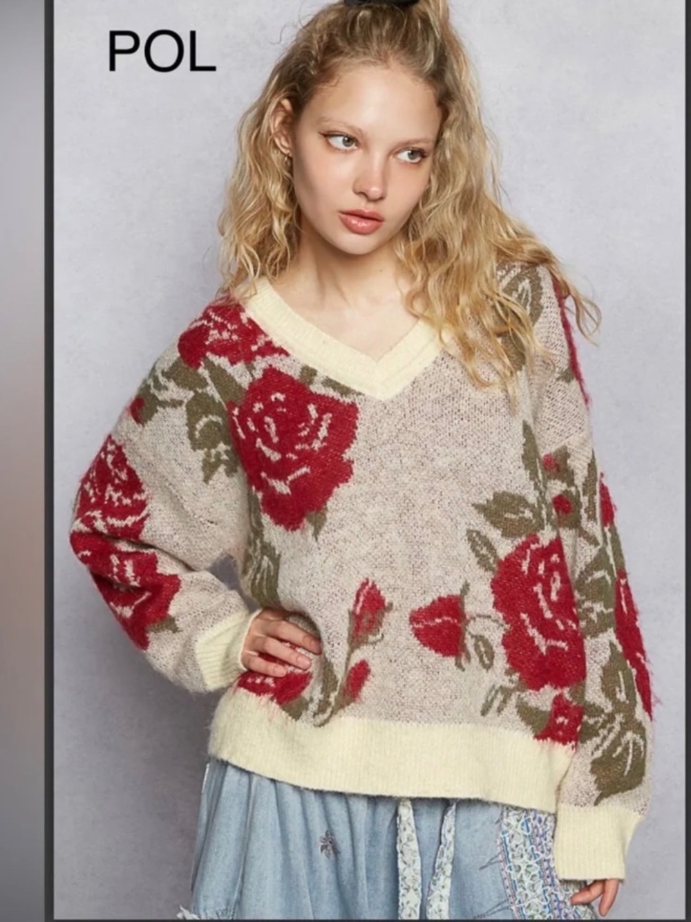 POL V-Neck Pullover Sweater Rose Pattern Cream and Red